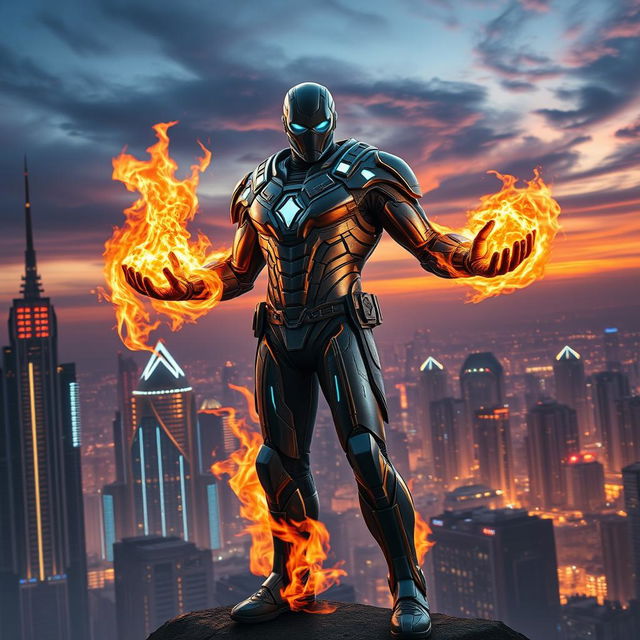 A superhero with astounding fire powers clad in a futuristic sci-fi supersuit, striking a powerful action pose