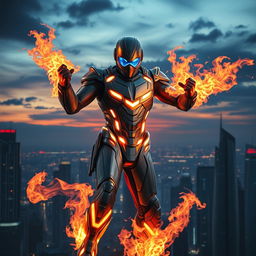 A superhero with astounding fire powers clad in a futuristic sci-fi supersuit, striking a powerful action pose