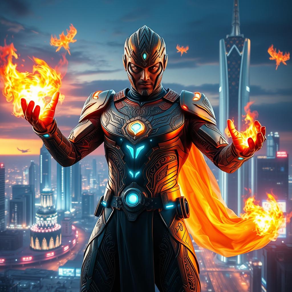 An Indian superhero with incredible fire powers, displayed in a futuristic sci-fi supersuit that blends traditional Indian motifs with advanced technology