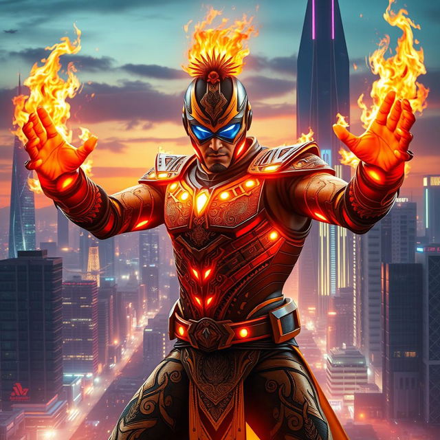 An Indian superhero with incredible fire powers, displayed in a futuristic sci-fi supersuit that blends traditional Indian motifs with advanced technology