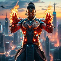 An Indian superhero with incredible fire powers, displayed in a futuristic sci-fi supersuit that blends traditional Indian motifs with advanced technology