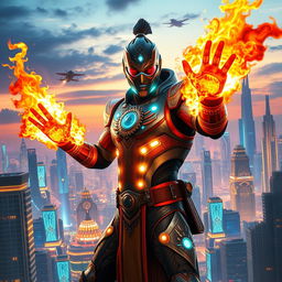 An Indian superhero with incredible fire powers, displayed in a futuristic sci-fi supersuit that blends traditional Indian motifs with advanced technology