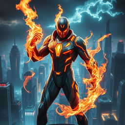 A formidable superhero with incredible fire powers, depicted in a sleek, futuristic sci-fi supersuit that combines advanced technology with vibrant, fiery motifs