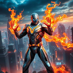 A formidable superhero with incredible fire powers, depicted in a sleek, futuristic sci-fi supersuit that combines advanced technology with vibrant, fiery motifs