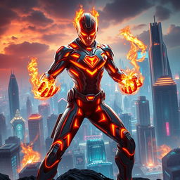 A formidable superhero with incredible fire powers, depicted in a sleek, futuristic sci-fi supersuit that combines advanced technology with vibrant, fiery motifs