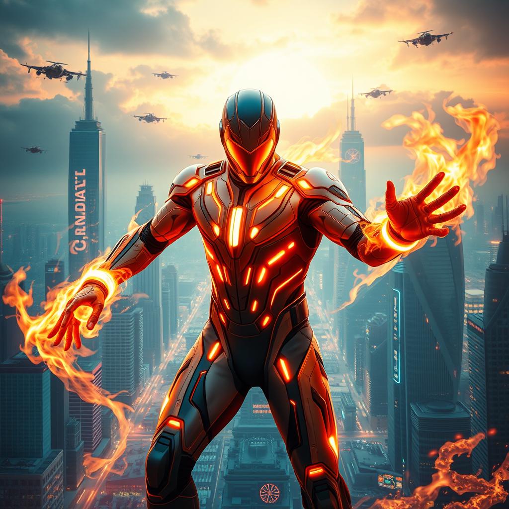 A superhero endowed with extraordinary fire powers, showcased in a cutting-edge futuristic sci-fi supersuit