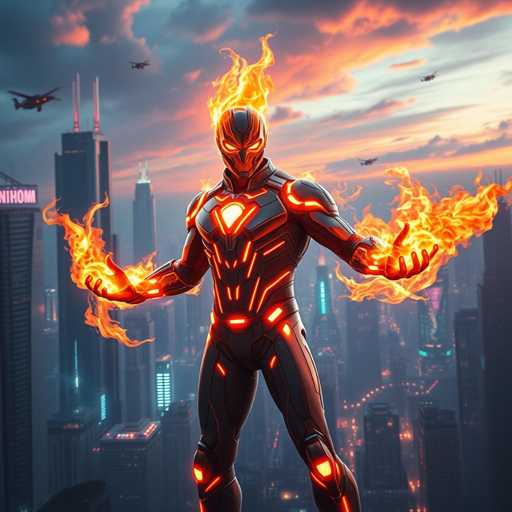 A superhero endowed with extraordinary fire powers, showcased in a cutting-edge futuristic sci-fi supersuit