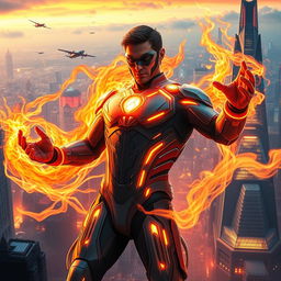 A superhero endowed with extraordinary fire powers, showcased in a cutting-edge futuristic sci-fi supersuit