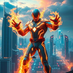 A superhero endowed with extraordinary fire powers, showcased in a cutting-edge futuristic sci-fi supersuit