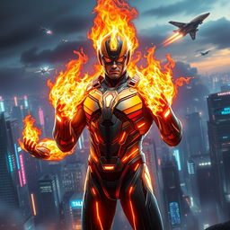 A superhero with extraordinary fire powers, depicted in a futuristic sci-fi supersuit, notably without a helmet or mask, allowing his determined expression to shine through