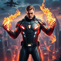 A superhero with extraordinary fire powers, depicted in a futuristic sci-fi supersuit, notably without a helmet or mask, allowing his determined expression to shine through