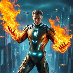 A superhero with extraordinary fire powers, depicted in a futuristic sci-fi supersuit, notably without a helmet or mask, allowing his determined expression to shine through