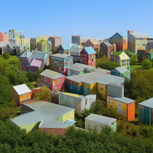 A myriad of distinctive and cheerful school buildings scattered across a green landscape under a bright blue sky.