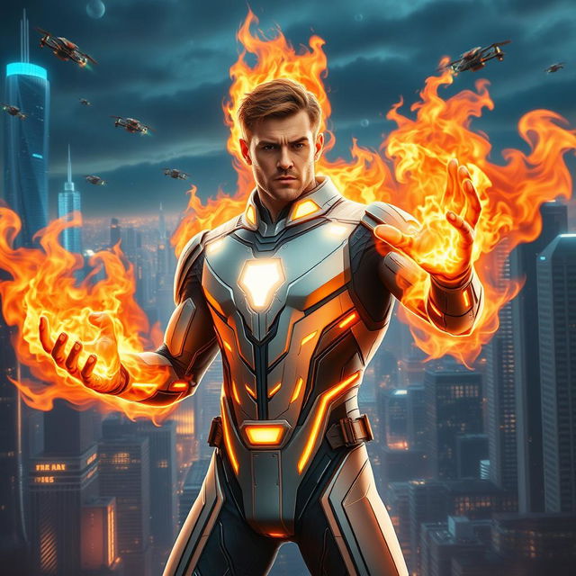 A superhero with extraordinary fire powers, depicted in a futuristic sci-fi supersuit, notably without a helmet or mask, allowing his determined expression to shine through