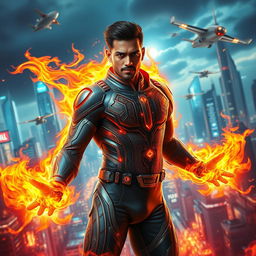 An Indian man superhero with extraordinary fire powers, portrayed in a sleek and advanced futuristic sci-fi supersuit, notably without a helmet or mask to reveal his confident and heroic expression