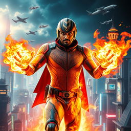 An Indian man superhero with extraordinary fire powers, portrayed in a sleek and advanced futuristic sci-fi supersuit, notably without a helmet or mask to reveal his confident and heroic expression