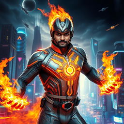 An Indian man superhero with extraordinary fire powers, portrayed in a sleek and advanced futuristic sci-fi supersuit, notably without a helmet or mask to reveal his confident and heroic expression