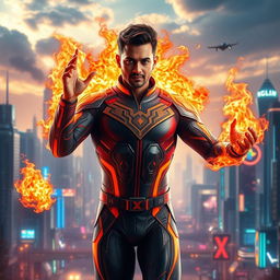 An Indian man superhero with extraordinary fire powers, portrayed in a sleek and advanced futuristic sci-fi supersuit, notably without a helmet or mask to reveal his confident and heroic expression