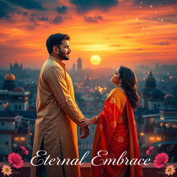 A stunning cinematic love film poster showcasing a modern Indian couple deeply in love