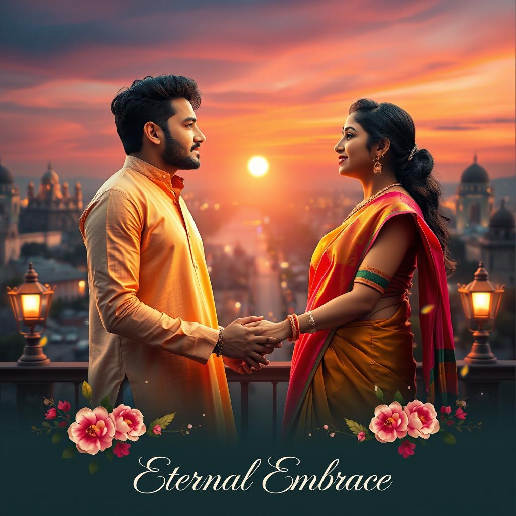 A stunning cinematic love film poster showcasing a modern Indian couple deeply in love