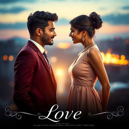 A cinematic love film poster featuring a modern Indian man in a stylish suit and a modern Indian woman in a contemporary dress, showcasing their deep love for each other