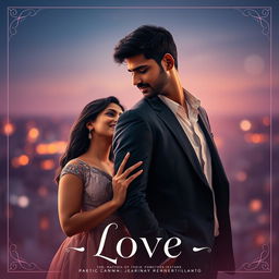 A cinematic love film poster featuring a modern Indian man in a stylish suit and a modern Indian woman in a contemporary dress, showcasing their deep love for each other