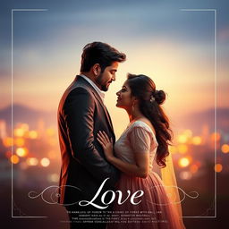 A cinematic love film poster featuring a modern Indian man in a stylish suit and a modern Indian woman in a contemporary dress, showcasing their deep love for each other