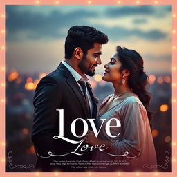 A cinematic love film poster featuring a modern Indian man in a stylish suit and a modern Indian woman in a contemporary dress, showcasing their deep love for each other