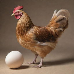 A life-like representation of a hen in the process of laying an egg, emphasizing the detail of the bird and the dynamic of the action