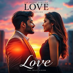 A cinematic love film poster featuring a modern Indian man in a stylish suit and a modern Indian woman in a contemporary dress