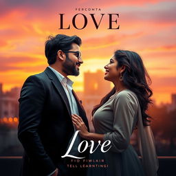 A cinematic love film poster featuring a modern Indian man in a stylish suit and a modern Indian woman in a contemporary dress