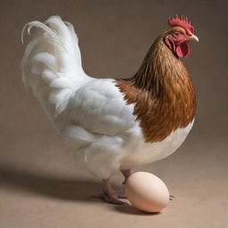 A life-like representation of a hen in the process of laying an egg, emphasizing the detail of the bird and the dynamic of the action