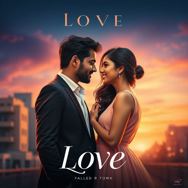 A cinematic love film poster featuring a modern Indian man in a stylish suit and a modern Indian woman in a contemporary dress