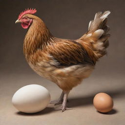 A life-like representation of a hen in the process of laying an egg, emphasizing the detail of the bird and the dynamic of the action