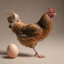 A life-like representation of a hen in the process of laying an egg, emphasizing the detail of the bird and the dynamic of the action