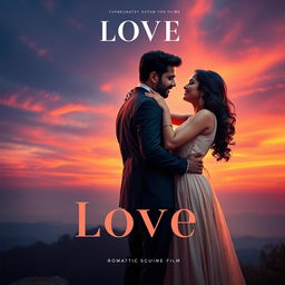 A cinematic love film poster featuring a handsome modern Indian man in a sharp suit and a stunningly beautiful Indian woman in an elegant western dress