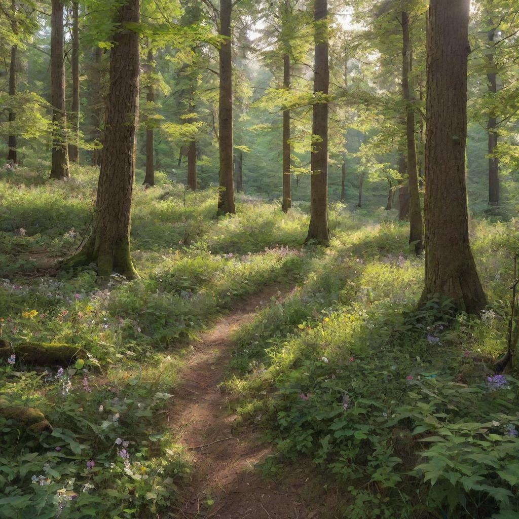 A realistic, lush forest with towering trees, dappled sunlight piercing through the leaves, and a carpet of vibrant wildflowers