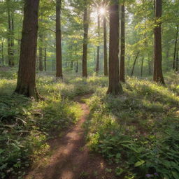 A realistic, lush forest with towering trees, dappled sunlight piercing through the leaves, and a carpet of vibrant wildflowers