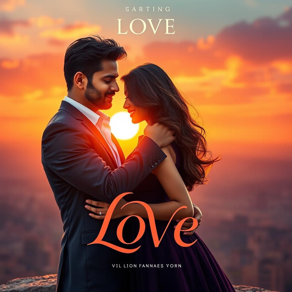 A cinematic love film poster featuring a handsome modern Indian man in a tailored suit and a breathtakingly beautiful Indian woman in a stylish western dress