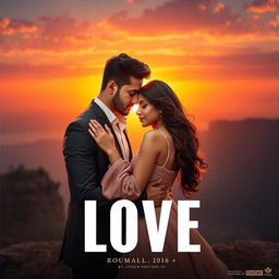 A cinematic love film poster featuring a handsome modern Indian man in a tailored suit and a breathtakingly beautiful Indian woman in a stylish western dress