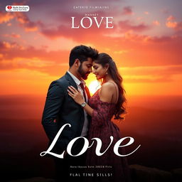 A cinematic love film poster featuring a handsome modern Indian man in a tailored suit and a breathtakingly beautiful Indian woman in a stylish western dress