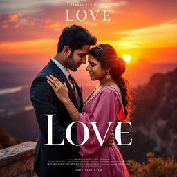 A cinematic love film poster featuring a handsome modern Indian man in a tailored suit and a breathtakingly beautiful Indian woman in a stylish western dress