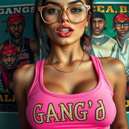 An extreme close-up torso shot of a stunning brunette female wearing glasses and a pink tank top adorned with an ornate gold and diamond trimmed logo that reads "GANG'd"