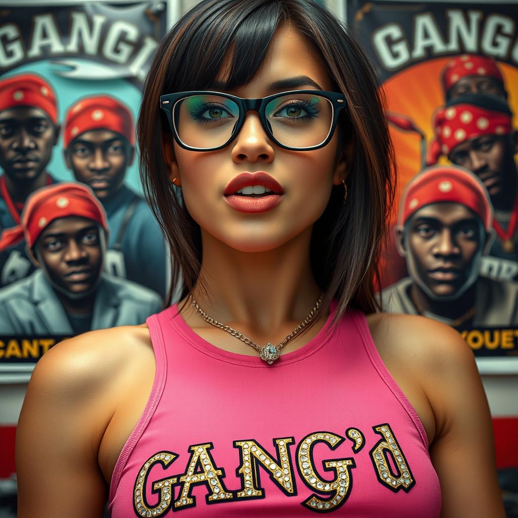 An extreme close-up torso shot of a stunning brunette female wearing glasses and a pink tank top adorned with an ornate gold and diamond trimmed logo that reads "GANG'd"