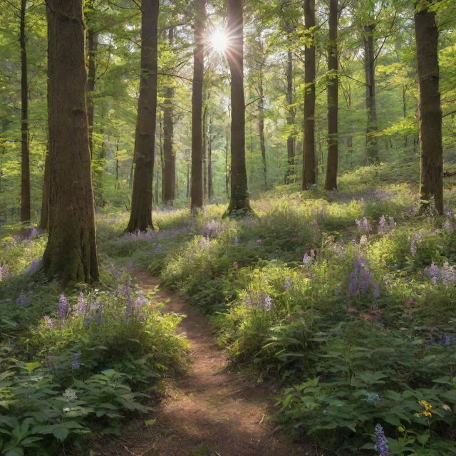 A realistic, lush forest with towering trees, dappled sunlight piercing through the leaves, and a carpet of vibrant wildflowers