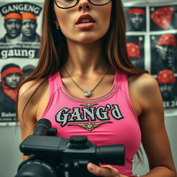 An extreme close-up torso shot of a gorgeous female with long brunette hair and stylish glasses