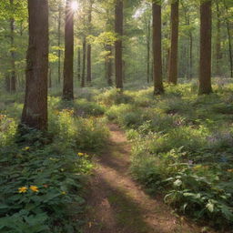 A realistic, lush forest with towering trees, dappled sunlight piercing through the leaves, and a carpet of vibrant wildflowers