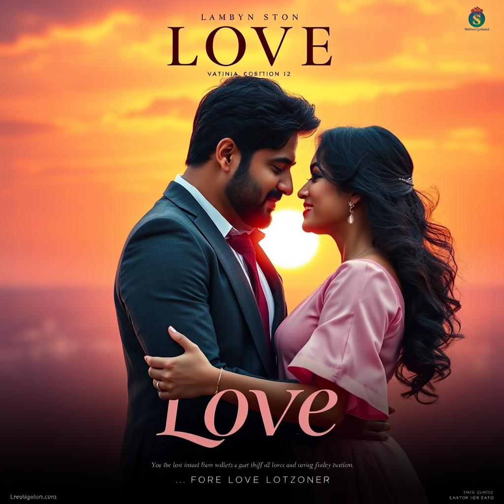 A cinematic love film poster featuring a handsome modern Indian man dressed in a sophisticated suit and a strikingly beautiful Indian woman in a chic western dress