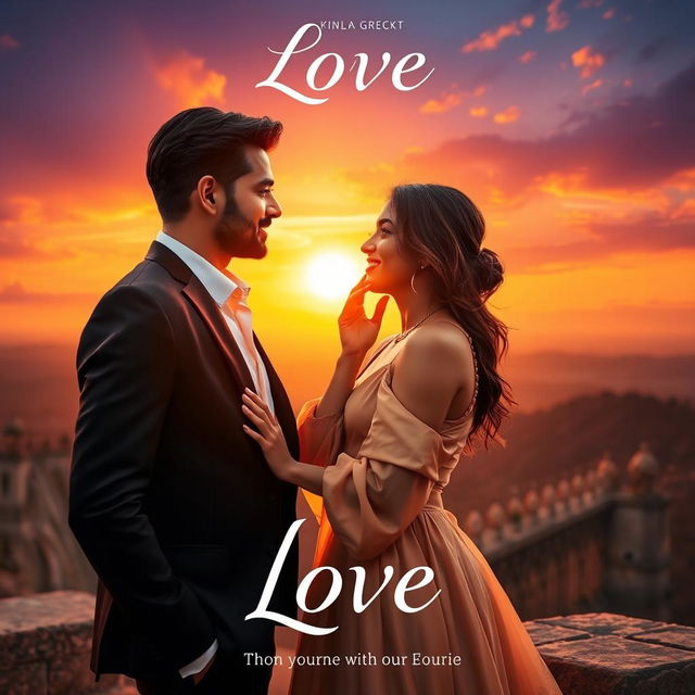 A cinematic love film poster featuring a handsome modern Indian man dressed in a sophisticated suit and a strikingly beautiful Indian woman in a chic western dress