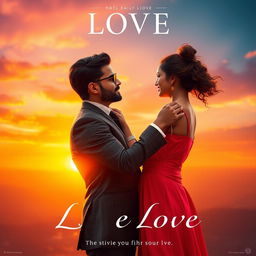 A cinematic love film poster featuring a handsome modern Indian man dressed in a sophisticated suit and a strikingly beautiful Indian woman in a chic western dress